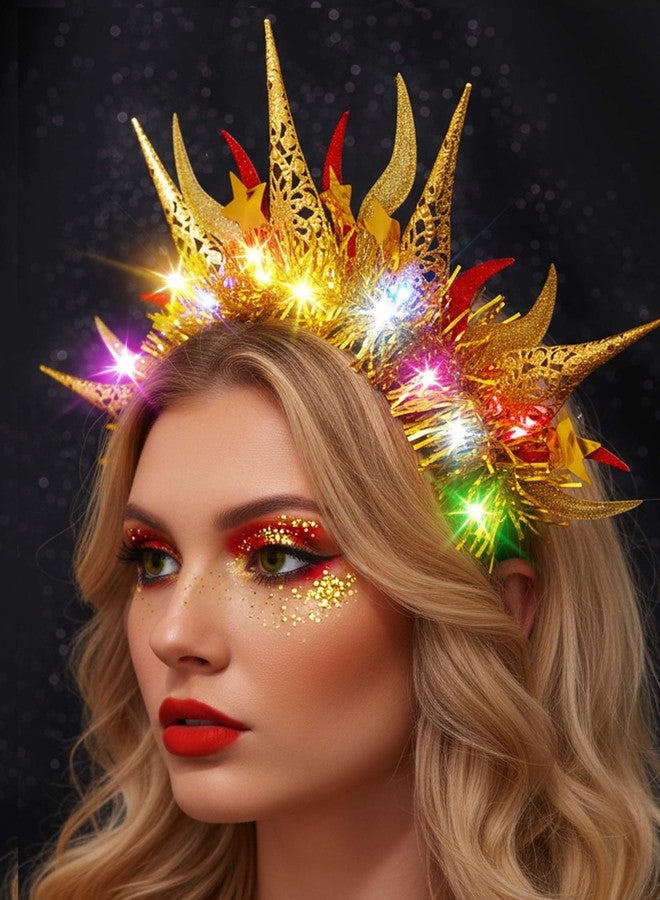 ووي طوق رأس مضيء ذهبي اللون بتصميم إلهة الشمس والنار، مزود بإضاءة LED، مناسب للحفلات التنكرية، وإكسسوارات شعر للنساء - Image 4