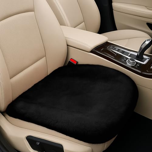 UHANBUT Sheepskin Car Seat Cushion Thin Soft Faux Fur Auto Seat Cover Breathable Comfort Seat Protector Pad Fluffy NonSlip Winter Driver Seat Cover for Car Truck Office Home Decoration Black - Image 1