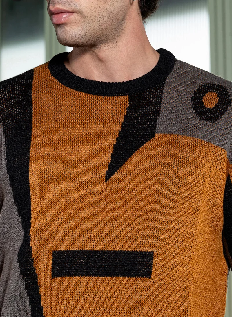 CAHOOT  Men Abstraction-Jacquard Pullover Sweater | Round Neck, Long Ribbed-Cuff Sleeves | Pull On , Ribbed-Straight Hem | Abstract Jacquard Knitted Fabric For Casual & Daily Wear | Multicolour for Men | Best Price UAE