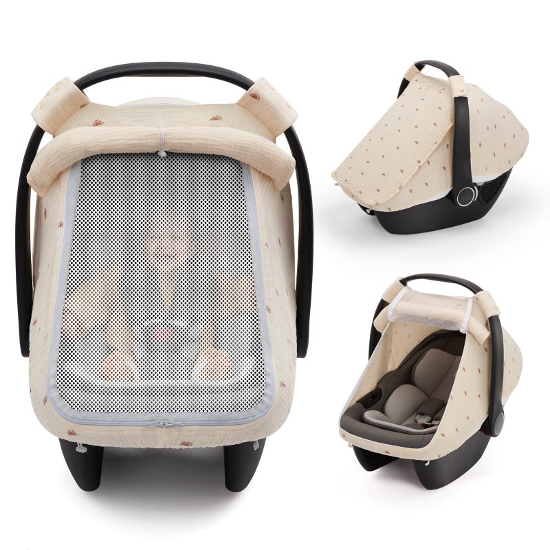 Blissful Diary Baby Car Seat Cover Extra Large Mesh Window Breathable Muslin Cotton Infant Windproof Canopy MustHave Baby Gift Sunshine - Image 2