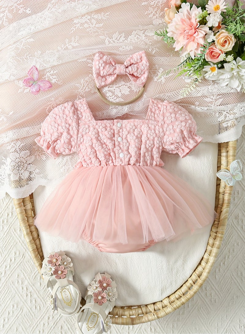 Baby Girl Lace Romper with Floral Design, Newborn Tulle Onesie Dress, Infant Sleeveless Jumpsuit for Special Occasions  - Image 2