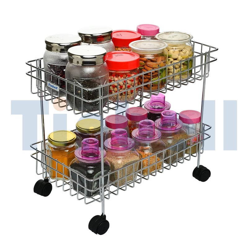 Tinbell Stainless Multipurpose Shelf Rack and Wheel Trolley for Fruits Vegetables and Cutlery Storage in Kitchen and Home 2 Shelf