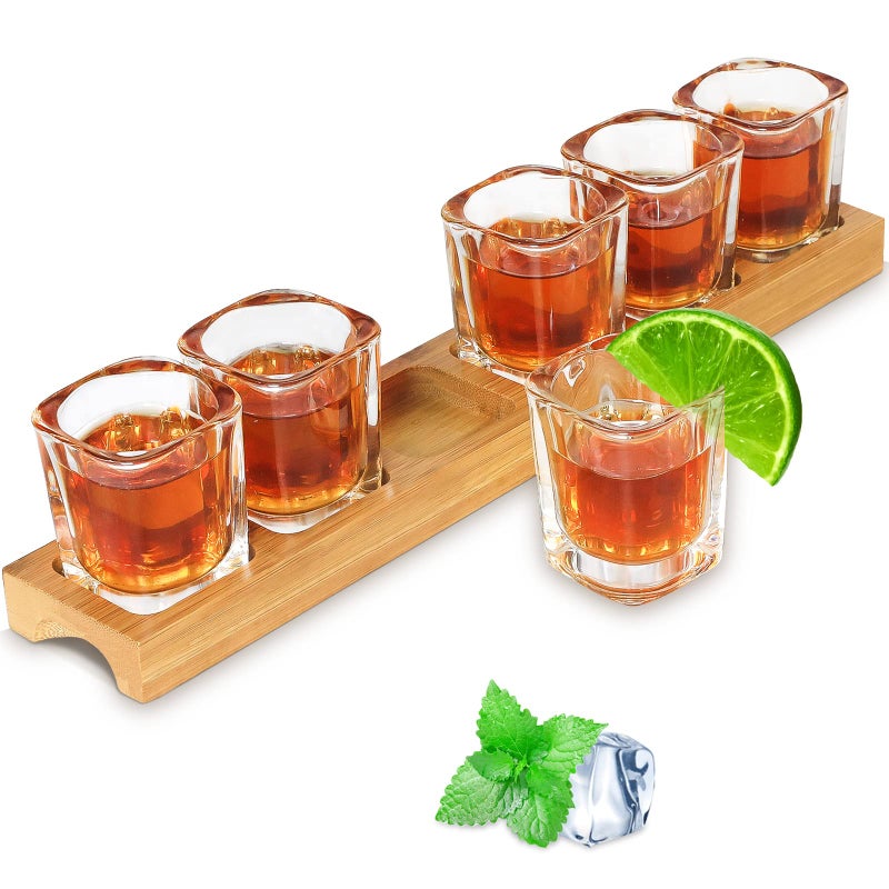 INFTYLE INFTYLE Shot Glass Set  2oz60ml Set of 6 Shot Glass Tray Holder Set Thick Base for Club Bar Party 6pcs