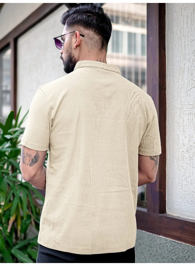 Maniac Maniac Mens Solid Henley Neck Half Sleeve Beige Cotton Oversized T-Shirt