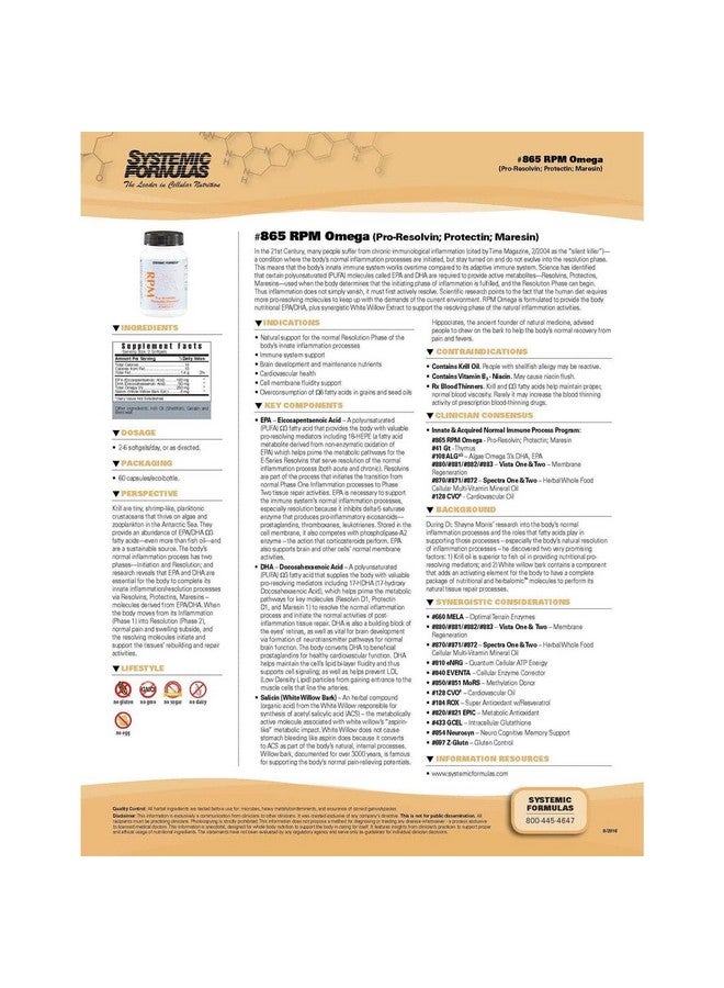 Systemic Formulas Systemic Formulas RPM Pre-Resolvin; Protectin; Maresin - Supports Cardiovascular Health, 60 Capsules, Bio Cell #865. Boosts Brain Development., 60 Count (Pack of 1)  - Image 4