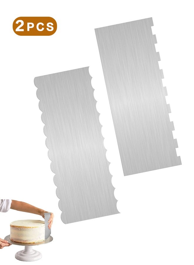 Sweet Life 2 Pcs Stainless Steel Cake Scraper, Cake Decorating Tools Edge Side Jagged Wave Double Sided Patterned Comb Metal Cake Carving Smoothing Cream Pastry Baking  - Image 1