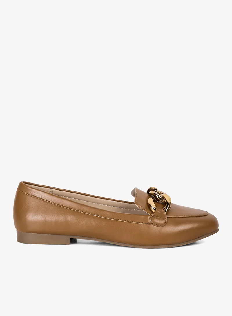 Tan Metal Chain Faux Leather Loafers