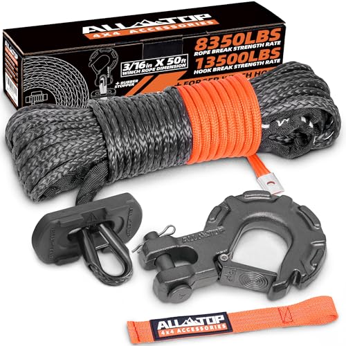 ALL-TOP Synthetic Winch Rope w/Hook & Isolator, 3/16in x 50ft, 8350Lbs UHMWPE Cable Replace Kit, Forged Hook & Rubber Stopper & Safety Pull Strap - Image 1
