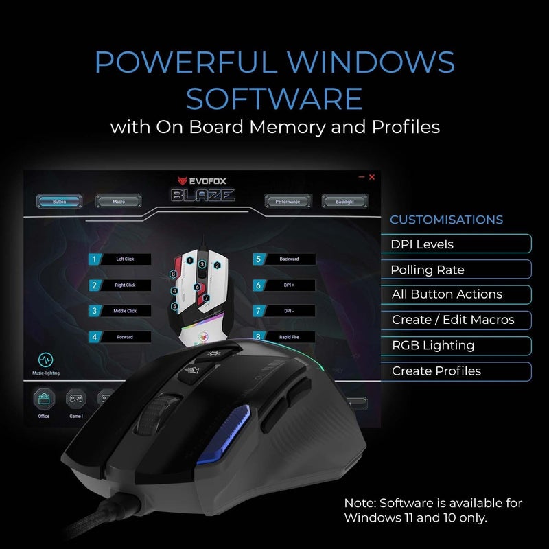 EvoFox Blaze Ultra Value Programmable Gaming Mouse with 8 Buttons and 1000Hz Polling Rate, Gaming Grade DPI 200 to 12800, Ultra Responsive 7000fps, RGB Lights with Music Sync Mode - Image 4