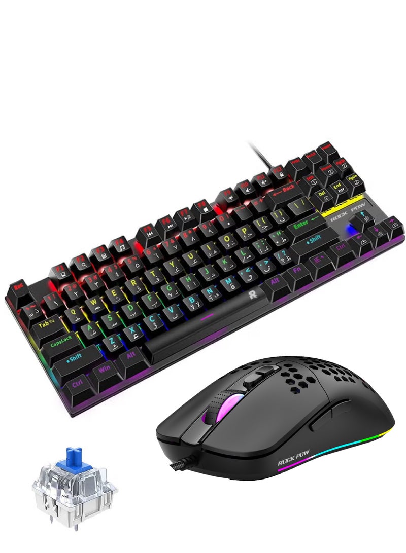 Rock Pow Arabic Mechanical Gaming Keyboard Mouse Combo With RGB LED Backlit Quick Response USB Wired E-sport Waterproof 87 Keys Keyboard with RGB Gaming Mice Ergonomic Ultralight 12800DPI Optical Sensor Gaming Combo For Windows/MacOS/Android And PC Gamers - Image 1