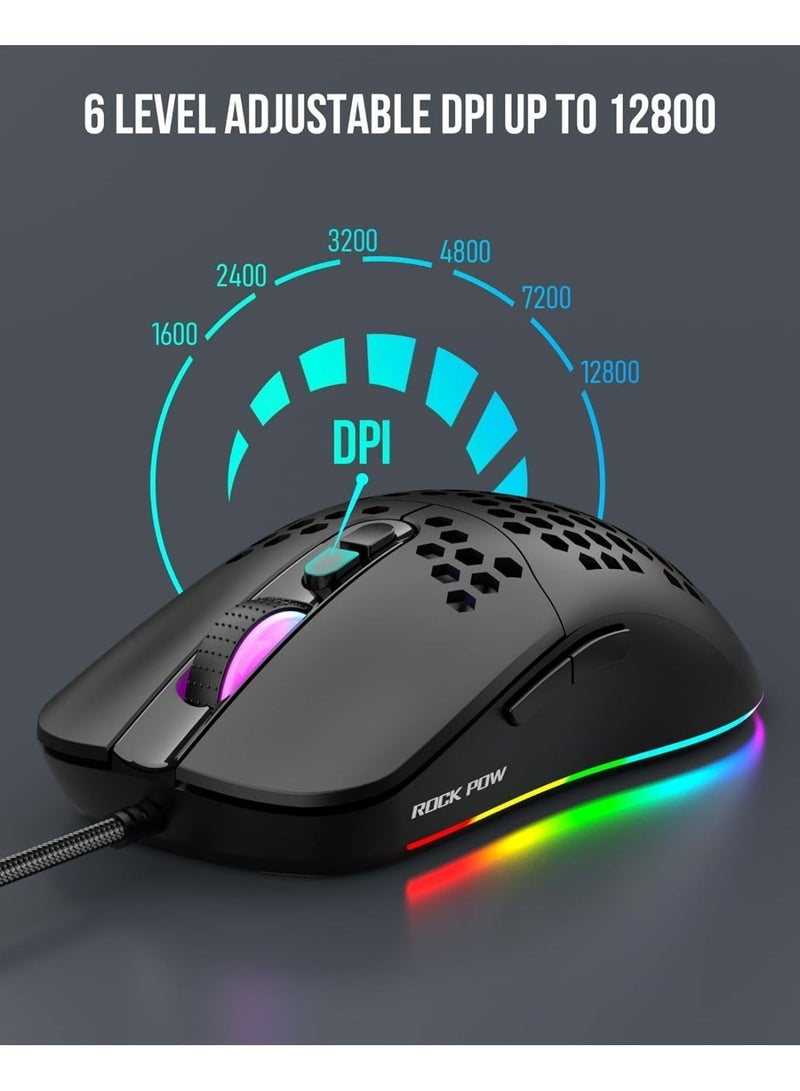Rock Pow Arabic Mechanical Gaming Keyboard Mouse Combo With RGB LED Backlit Quick Response USB Wired E-sport Waterproof 87 Keys Keyboard with RGB Gaming Mice Ergonomic Ultralight 12800DPI Optical Sensor Gaming Combo For Windows/MacOS/Android And PC Gamers - Image 3
