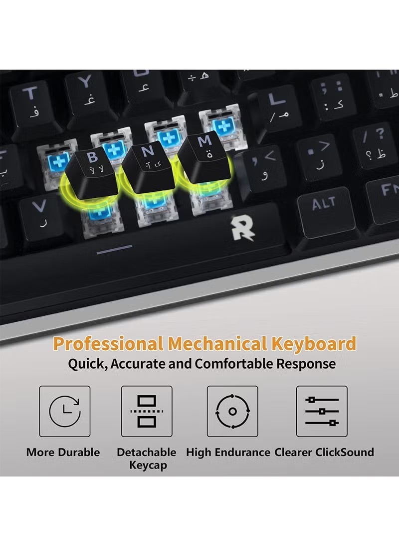 Rock Pow Arabic Mechanical Gaming Keyboard Mouse Combo With RGB LED Backlit Quick Response USB Wired E-sport Waterproof 87 Keys Keyboard with RGB Gaming Mice Ergonomic Ultralight 12800DPI Optical Sensor Gaming Combo For Windows/MacOS/Android And PC Gamers - Image 5
