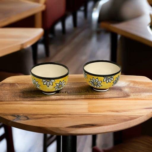 Caffeine Ceramic Handmade Californian Sunflower Printed Katori Bowl (200 ML, Set of 2, Microwave Safe & Dishwasher Safe) - Image 1