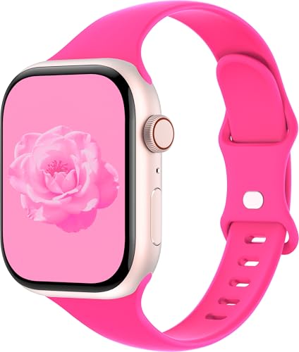 Sycamond Thin Silicone Band Compatible with Apple Watch 41mm 40mm 38mm 42mm, Slim Narrow Replacement Sport Strap Wristband for iWatch Series 11 10 9 8 7 6 5 4 SE 3 2 1 Women Men, S/M Hot Pink - Image 1