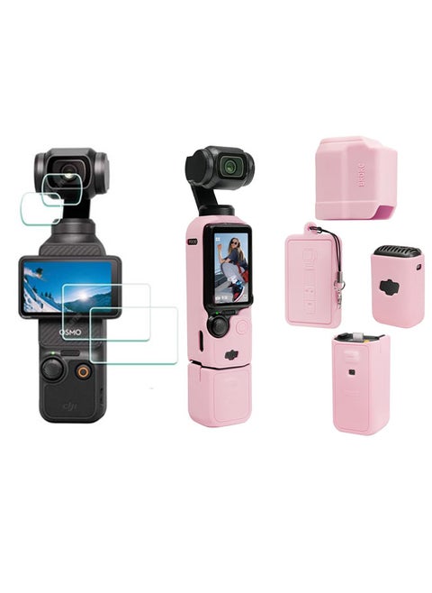DJI OSMO Pocket 3 Accessory Kit, Silicone Protective Case Cover, Tempered Glass Screen Protector, Lens Protector (Pink)