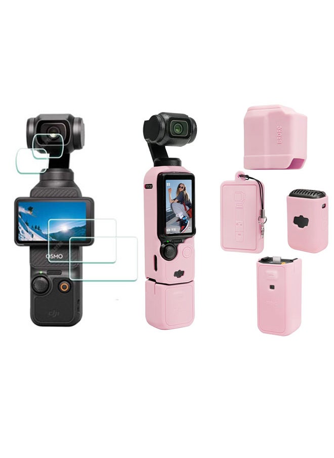 SJet DJI OSMO Pocket 3 Accessory Kit, Silicone Protective Case Cover, Tempered Glass Screen Protector, Lens Protector (Pink)  - Image 1