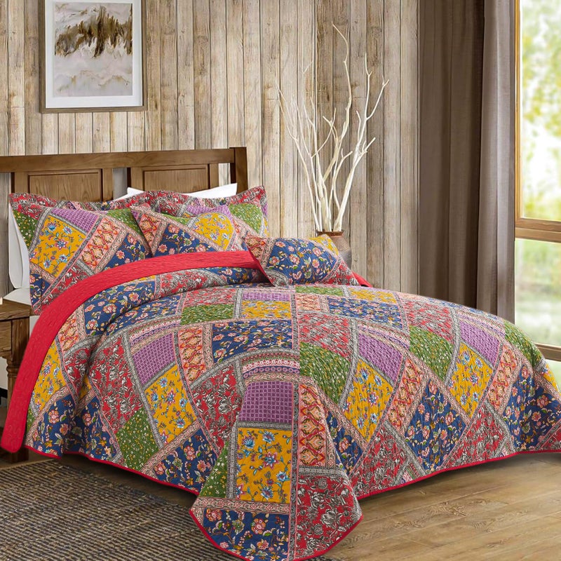 VAPUTAR Cotton Quilt King Size Set, Quilted Bedspread Coverlet (96 * 108 Inch) with 2 Pillowcovers, 3 Pieces Lightweight Farmhouse Style with Patchwork Design King Quilt Bedding Set for All Season - Image 2