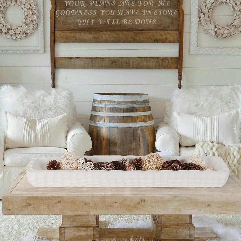 Oakrain 30 inches Large Decorative Bowl for Home Decor, White Dough Bowl with Hand Carved Irregular Texture, Unique Table Centerpieces, Wooden Home Decor Accents for Farmhouse Boho Rustic Style - Image 5