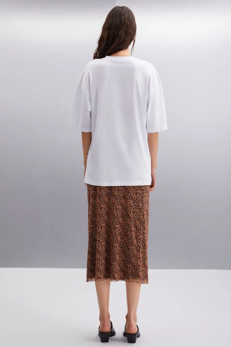 GRIMELANGE Aılıs Women's 100% Cotton Oversize Printed White T-shirt
