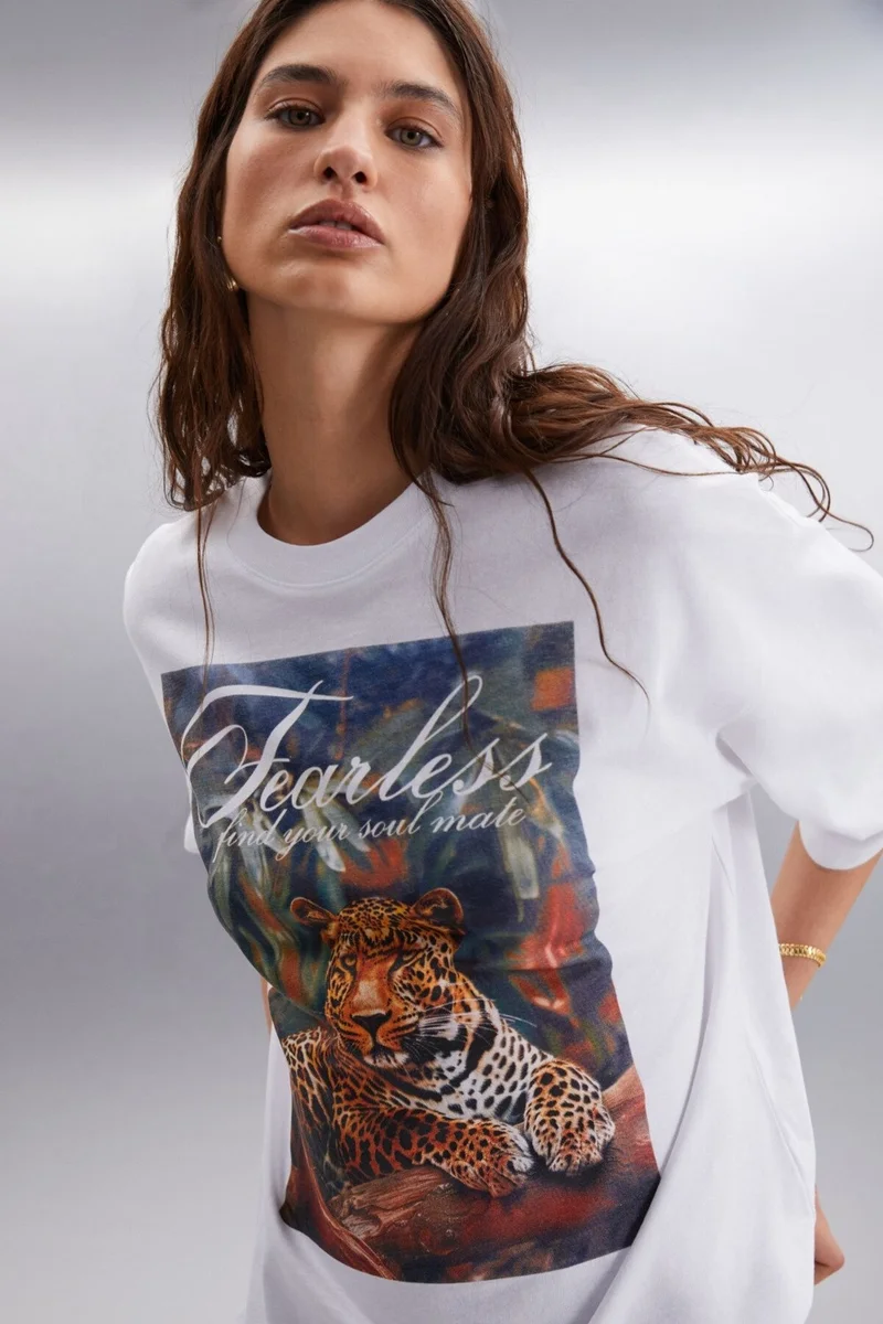 GRIMELANGE Aılıs Women's 100% Cotton Oversize Printed White T-shirt