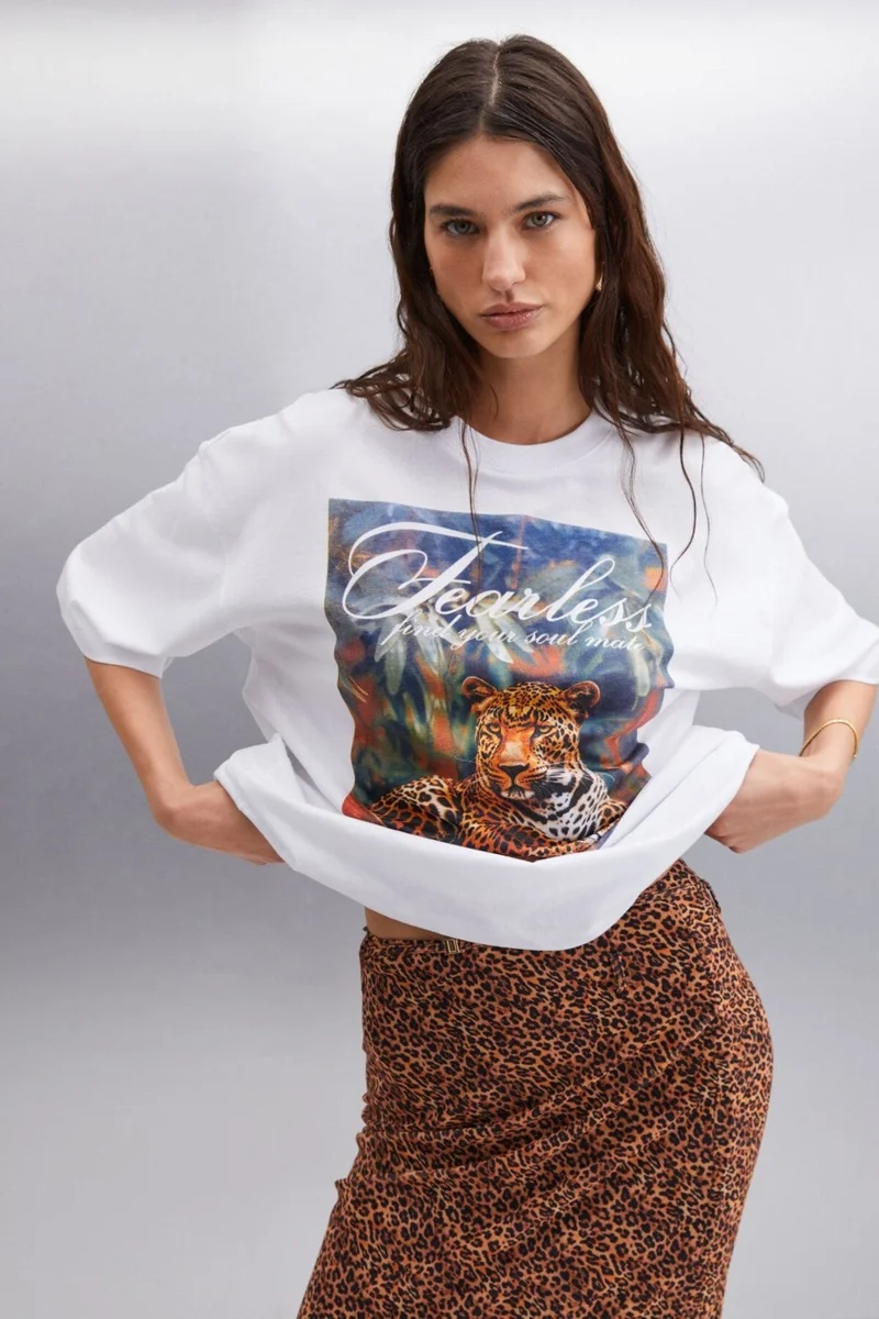 GRIMELANGE Aılıs Women's 100% Cotton Oversize Printed White T-shirt