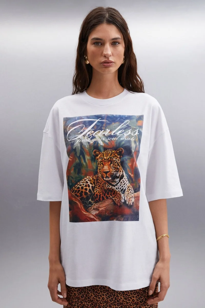 GRIMELANGE Aılıs Women's 100% Cotton Oversize Printed White T-shirt