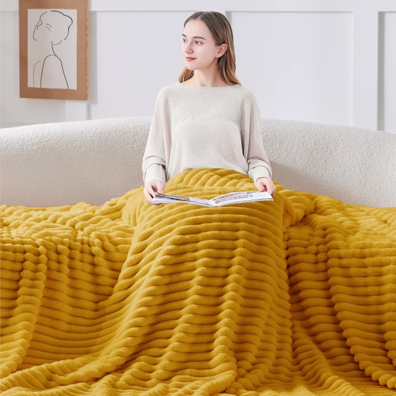 BEDELITE Fleece Throw Blanket for Couch - 300GSM Soft & Warm Fluffy Mustard Yellow Blanket, Decorative and Giftable Striped Blankets for Women, Men, 50"x60" - Image 4
