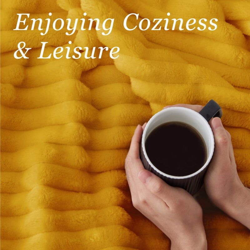 BEDELITE Fleece Throw Blanket for Couch - 300GSM Soft & Warm Fluffy Mustard Yellow Blanket, Decorative and Giftable Striped Blankets for Women, Men, 50"x60" - Image 5