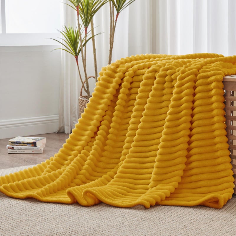 BEDELITE Fleece Throw Blanket for Couch - 300GSM Soft & Warm Fluffy Mustard Yellow Blanket, Decorative and Giftable Striped Blankets for Women, Men, 50"x60" - Image 3