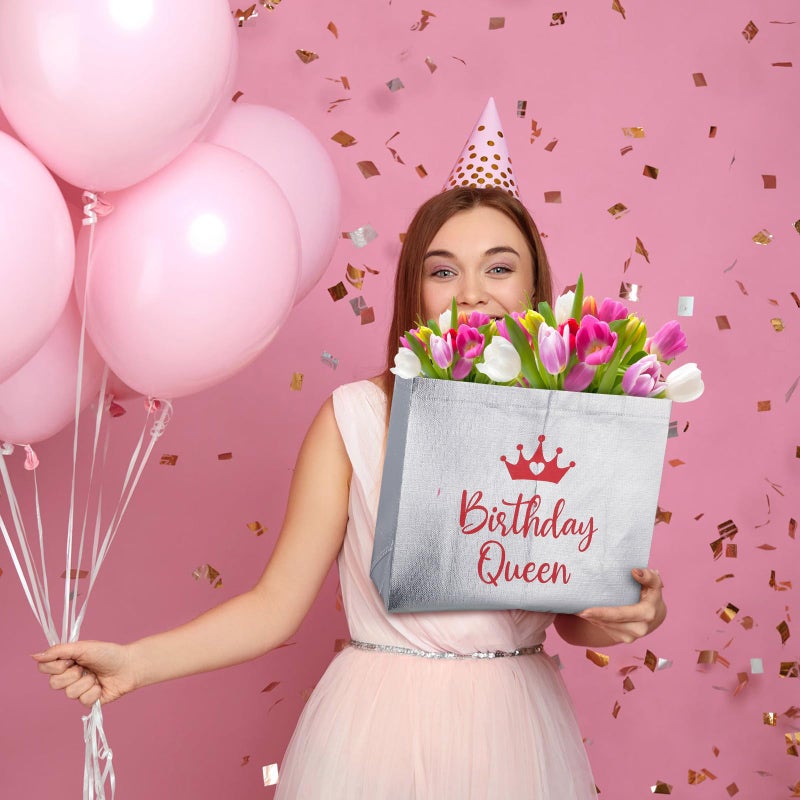 Clysee 10 Pack Reusable Birthday Squad Birthday Queen Gift Bag with Handle Large Tote Bag for Women(Silver, Rose Gold) - Image 5