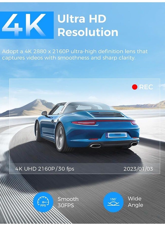 ARPHA Arpha 4K Dash Cam Front Only, Free 64GB Card, Single-Channel, Built-in 5G WiFi GPS, 3'' Touch Screen Voice Control Driving Recorder, WDR Night Vision, Parking Mode, G-Sensor Loop Recording M63 Lite - Image 2