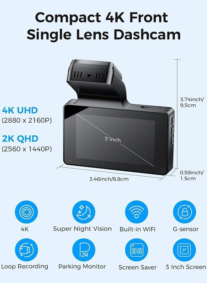 ARPHA Arpha 4K Dash Cam Front Only, Free 64GB Card, Single-Channel, Built-in 5G WiFi GPS, 3'' Touch Screen Voice Control Driving Recorder, WDR Night Vision, Parking Mode, G-Sensor Loop Recording M63 Lite - Image 5