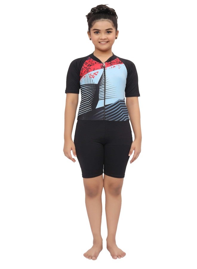 BOSKY Girls Swimwear Poly Spandex Skating Suit Cum Swimming Costume | Polyester Lycra 4-Way Stretch | UV Protection | Non-Fade Digital Print | Sports Utility Activewear (Black_15-16 Year) - Image 1