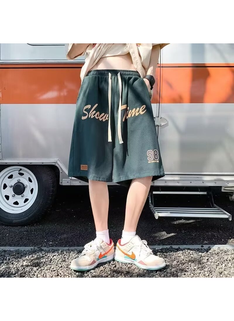 Trendy American Casual Sports Shorts Men Summer Thin Basketball Running Loose Beach Five-Quarter Pants Street Style Polyester Fiber Green 