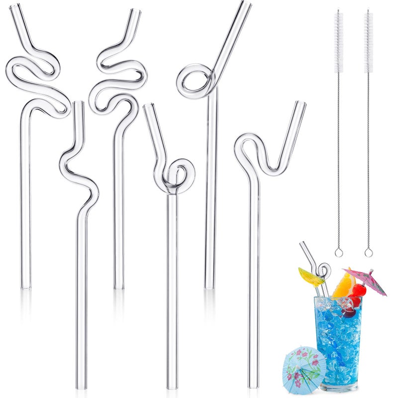 Yinkin سترات زجاجية متموجة قابلة لإعادة الاستخدام من يينكين 6 قطع مع فرشتي تنظيف زجاجية عالية الشفافية مقاومة للكسر للأطفال والبالغين للمشروبات والعصائر