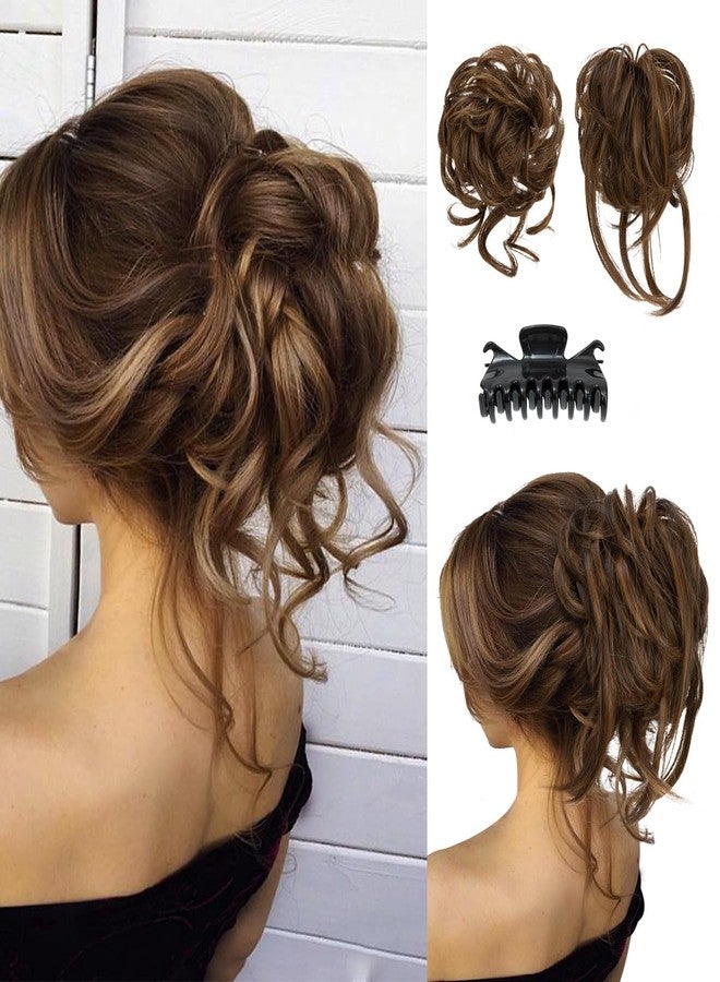 SARLA 2PCS Messy Bun Hair Pieces for Women Detachable Claw Clip Wavy Curly Synthetic Hairpieces for Updos with Tendrils Fake Scrunchies Ponytail Extension Chocolate - Image 1