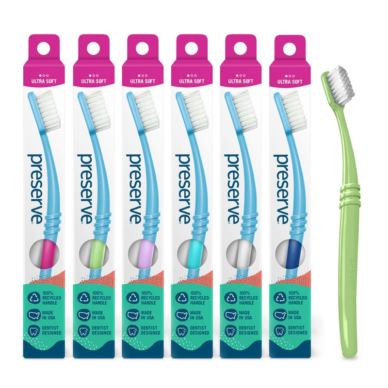 Preserve Eco Friendly Adult Toothbrushes Made in The USA from Recycled Plastic Ultra Soft Bristles Paperboard Package Colors Vary 6 Count
