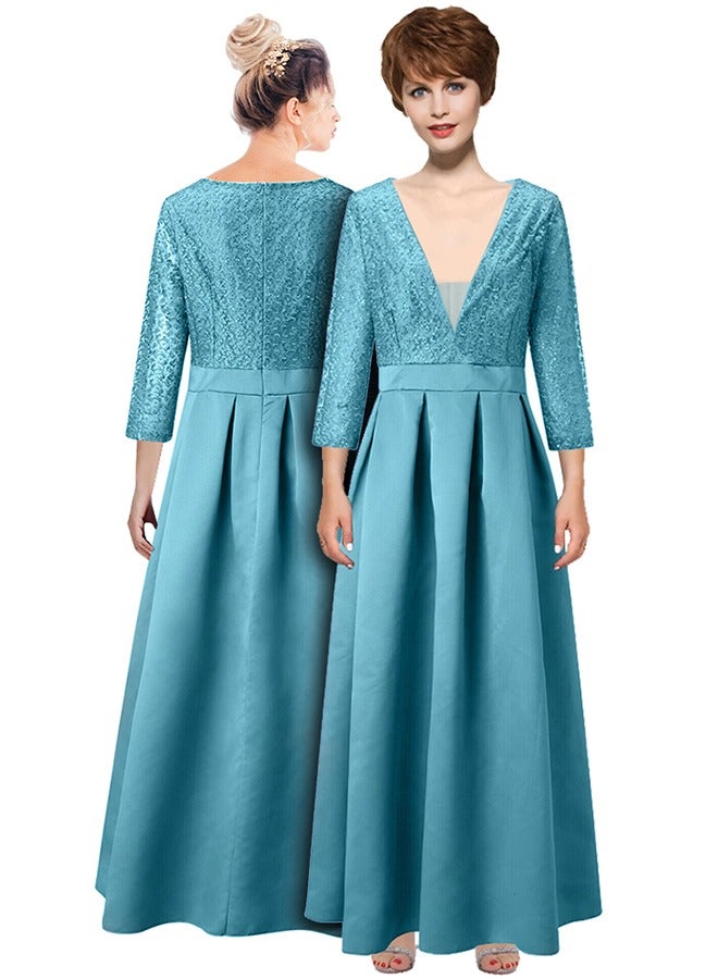 MARGOUN XL Size, Elegant Prom Evening Party Dress Women Wedding Robe Maxi Dress Solid Sequins V Neck Big Swing Night Dress Light Blue/A1573 - Image 4