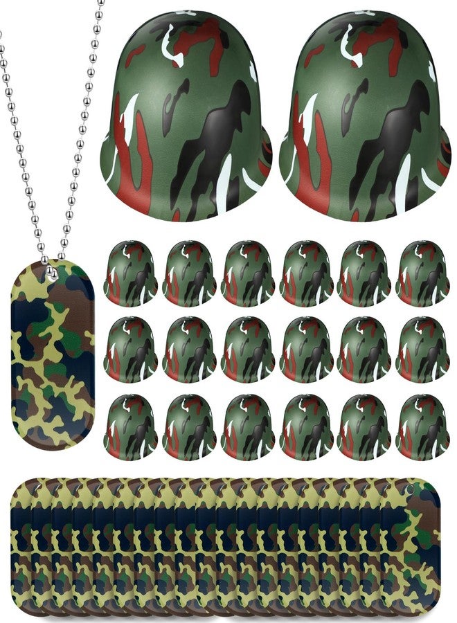 PullCrease 30 Pcs Army Party Favor Halloween Helmet Costume Includes Kid Plastic Camouflage Hats Military Dog Tags Chains - Image 1