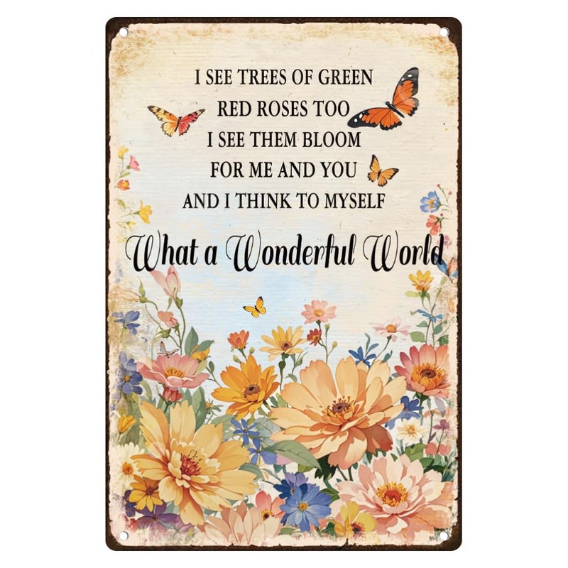 DOODLREAM Flower Butterfly Wall Decor Sign What a Wonderful World Vintage Inspirational Metal Tin Sign for Home Cafe Bar She Shed Wall Decoration 8 x 12 Inch - Image 1