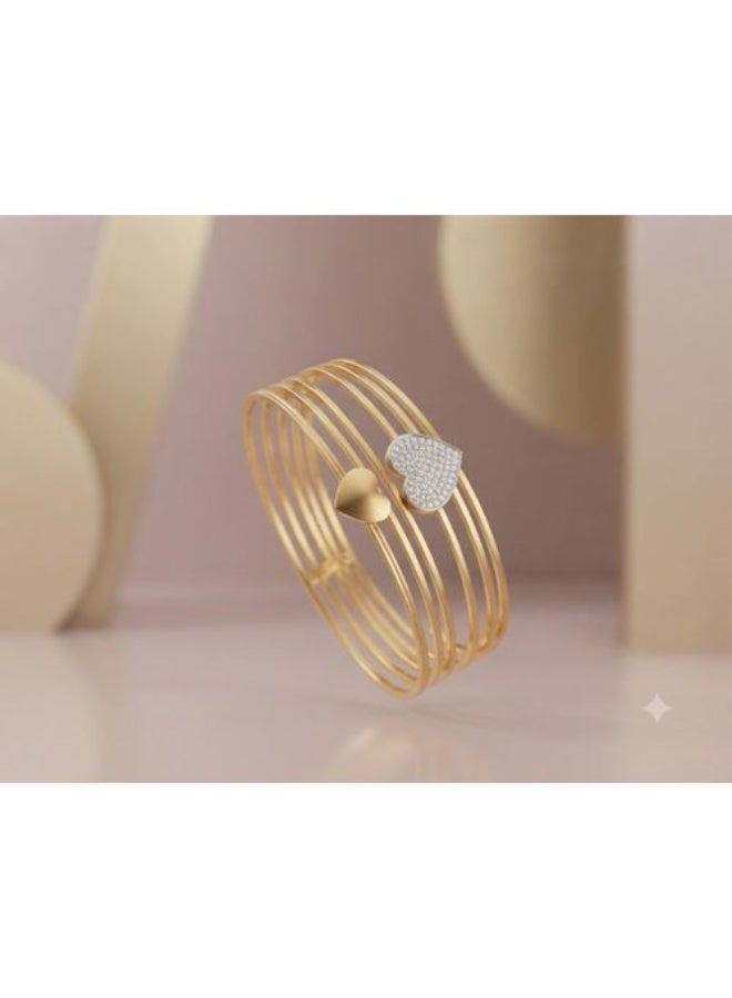Stainless Steel Multi-Strand Bangle with Gold Finish, Polished & Pavé Crystal Heart Motifs