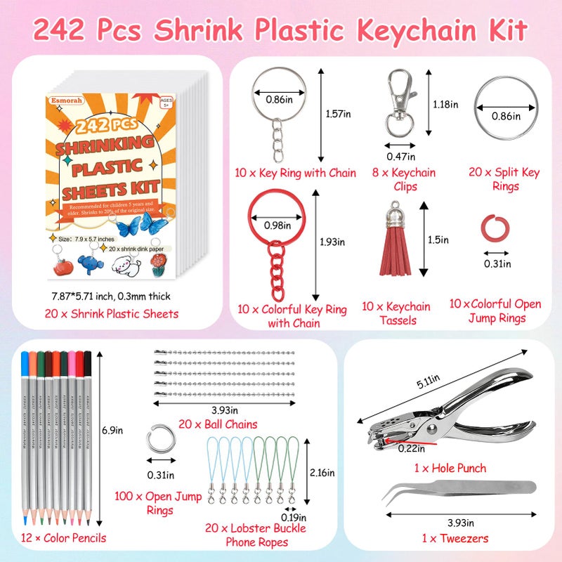 Esmorah 242PCS Shrink Dink Sheet Keychain Kit, with 20 Sheets Shrink Art Paper 7.9"x5.7", Color Pencils â€“ Ideal for Kids & Adults DIY Crafts Keychain Making for Back-to-School, Valentine's Day, Easter Gifts - Image 2