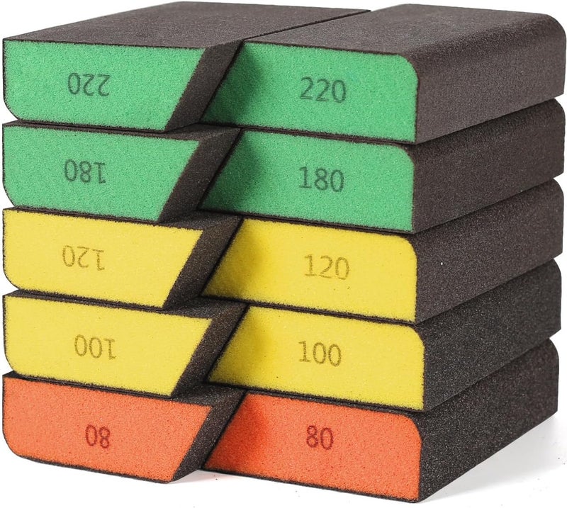 BOSHCRAFT 10 Pack Single Sanding Block, Washable and Reusable Sanding Sponge 80/100/120/180/220 Grit Sandpaper Block for Wood Drywall Metal Sand Paper Brick - Image 1