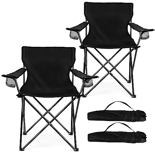 HaSteeL Foldable Camping Chair Set of 2 Folding Camp Chairs for Adults Large Portable Lawn Chair for Outdoors Fishing Hiking Travel Picnic Beach Supports 275lbs Include Storage Bags Black