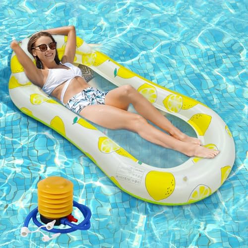 Jukusa Inflatable Pool Float Lounger with Lemon Pattern, Mesh Cooling Bed, White and Yellow Lemon Design (1 Pcs.) - Image 1