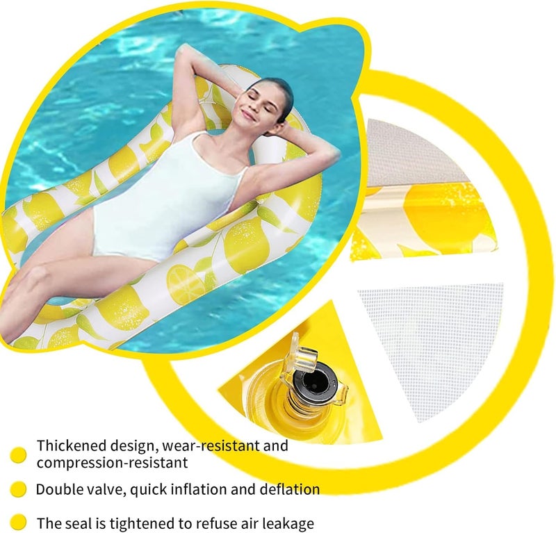 Jukusa Inflatable Pool Float Lounger with Lemon Pattern, Mesh Cooling Bed, White and Yellow Lemon Design (1 Pcs.) - Image 2