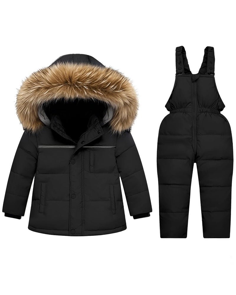 Hecxagd Toddler Snow Suit Winter Coat and Snow Pants Set, Baby Snowsuit Boys & Girls Snowsuit, Waterproof Warm Jacket and Snow Bib for Kids, Black 5-6T - Image 1