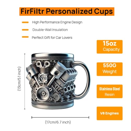 FirFiltr V8 Engines Stainless Steel Cup,Personalized Coffee Mug with Insulated Handle,Perfect for Car Lovers Gifts,Mechanics, Birthday, Christmas,Living room decoration as a work of art - Image 3