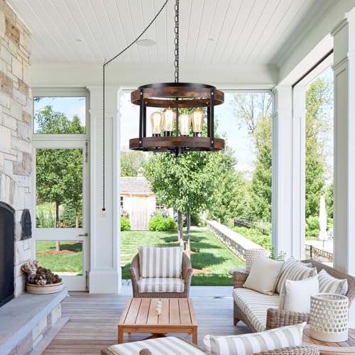 RKUCSR 4-Light Large Rustic Farmhouse Plug in Pendant Light Fixture with Adjustable Chain, Dimmable Switch, 16.5 inch Oak Wood Drum Hanging Lamp for Dining Room Living Room Farmhouse Entry, Black - Image 1