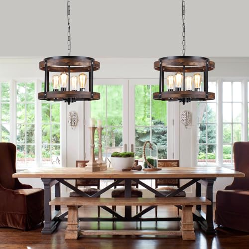 RKUCSR 4-Light Large Rustic Farmhouse Plug in Pendant Light Fixture with Adjustable Chain, Dimmable Switch, 16.5 inch Oak Wood Drum Hanging Lamp for Dining Room Living Room Farmhouse Entry, Black - Image 2